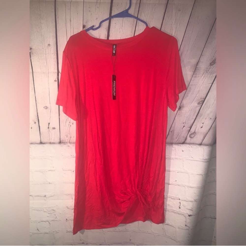 Red short sleeve casual knot twist tunic top - Picture 2 of 3
